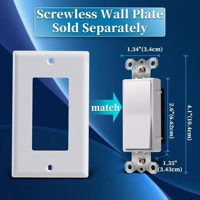 Alt view image 6 of 7 - Single Pole Decorator Light Switch, 15A 120/277V, Paddle Rocker, On/Off Wall Switch, Residential Grade, White, UL/CUL Certified (2-Pack)