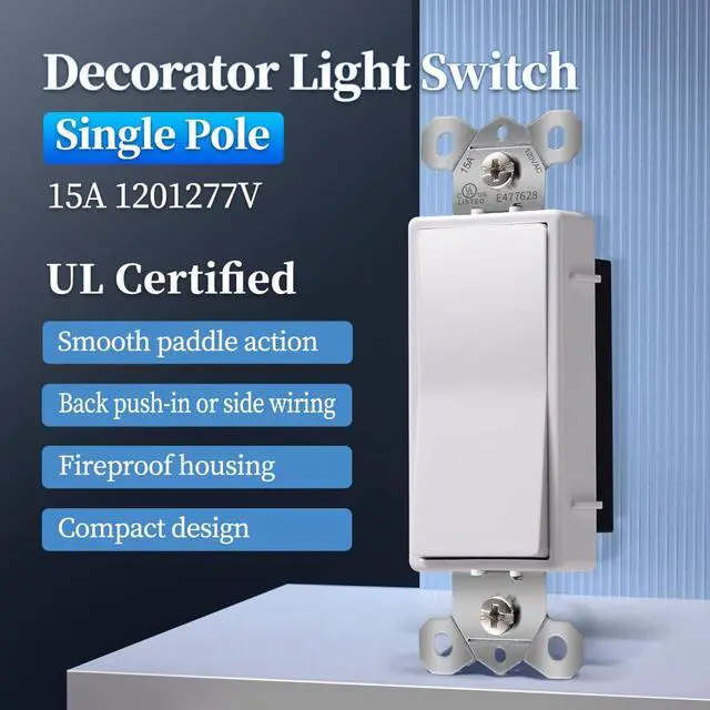 Alt view image 4 of 7 - Single Pole Decorator Light Switch, 15A 120/277V, Paddle Rocker, On/Off Wall Switch, Residential Grade, White, UL/CUL Certified (2-Pack)
