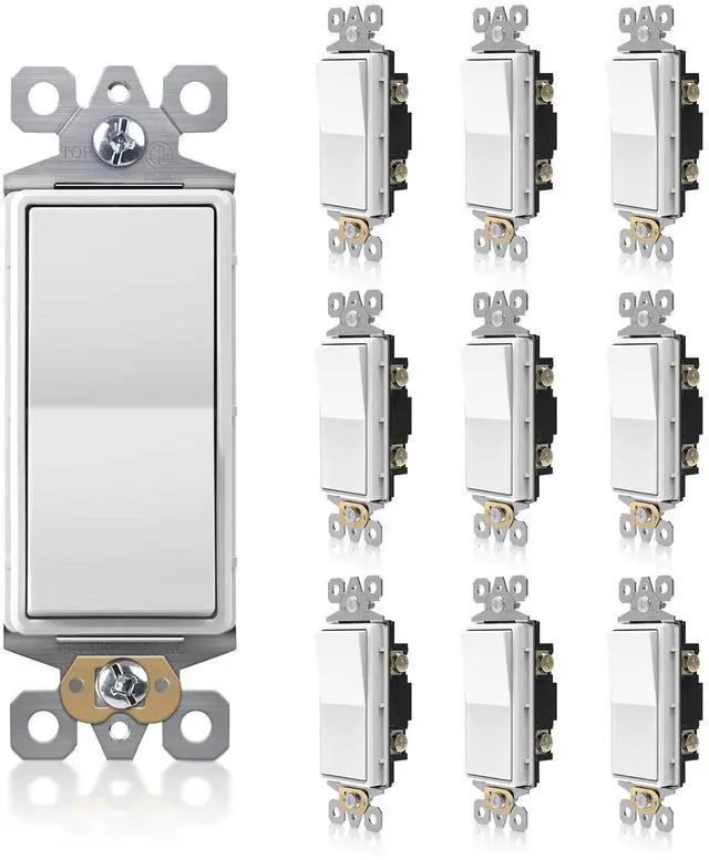 Main image of 10 Pack Single Pole Decorator Light Switch, Decorative Paddle Rocker Switch Replacement, 15A 120/277V On/Off Interrupter, Self-Grounding, Residential/Commercial Grade, ETL Listed