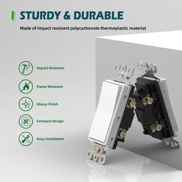 Alt view image 2 of 7 - 10 Pack Single Pole Decorator Light Switch, Decorative Paddle Rocker Switch Replacement, 15A 120/277V On/Off Interrupter, Self-Grounding, Residential/Commercial Grade, ETL Listed