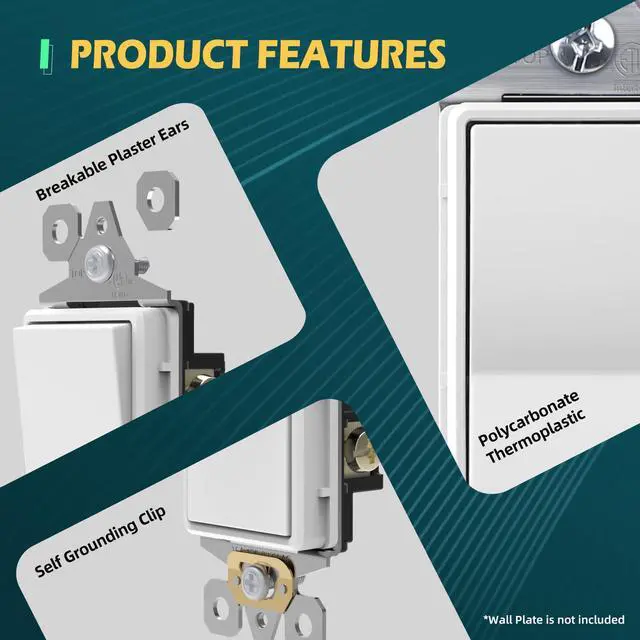 Alt view image 3 of 7 - 10 Pack Single Pole Decorator Light Switch, Decorative Paddle Rocker Switch Replacement, 15A 120/277V On/Off Interrupter, Self-Grounding, Residential/Commercial Grade, ETL Listed