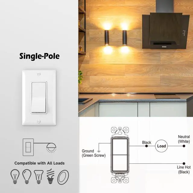 Alt view image 7 of 7 - 10 Pack Single Pole Decorator Light Switch, Decorative Paddle Rocker Switch Replacement, 15A 120/277V On/Off Interrupter, Self-Grounding, Residential/Commercial Grade, ETL Listed