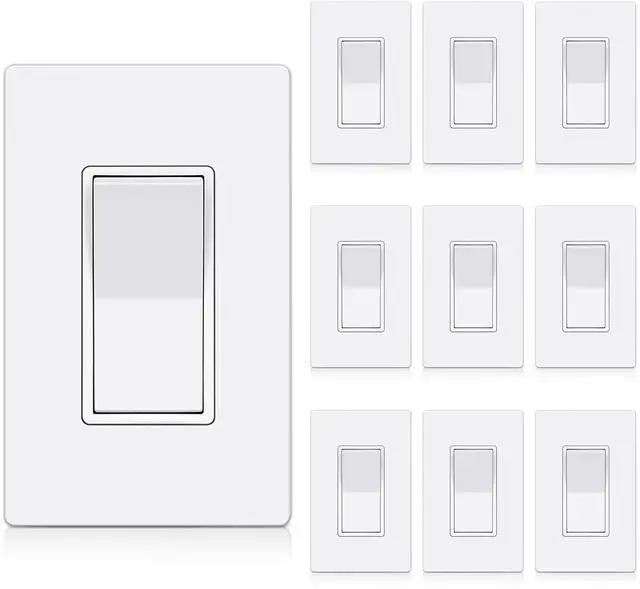 Main image of 10-Pack Single Pole Wall Light Switch with Screwless Wallplate