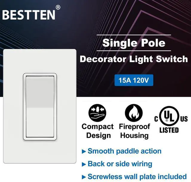 Alt view image 2 of 7 - 10-Pack Single Pole Wall Light Switch with Screwless Wallplate