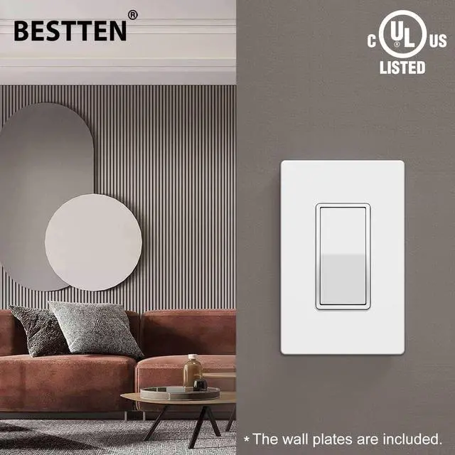 Alt view image 3 of 7 - 10-Pack Single Pole Wall Light Switch with Screwless Wallplate