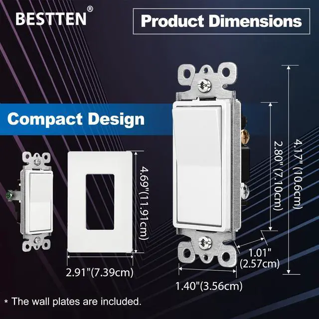 Alt view image 6 of 7 - 10-Pack Single Pole Wall Light Switch with Screwless Wallplate