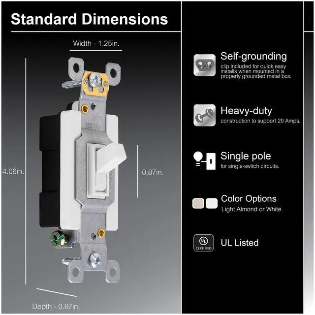 Alt view image 2 of 4 - in-Wall Light Switch, Single Pole, White Toggle, 1 Pack