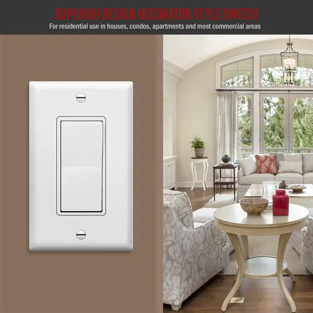 Alt view image 6 of 7 - White Single Pole Decorator Paddle Light Switch, 15A, 1 Pack