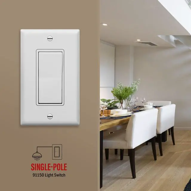 Alt view image 7 of 7 - White Single Pole Decorator Paddle Light Switch, 15A, 1 Pack