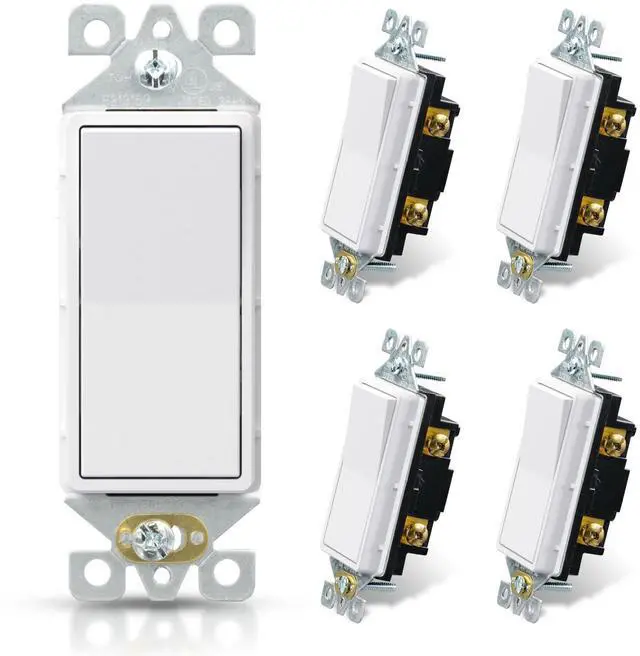 Main image of Matte White Single Pole Decorator Light Switch, 15Amp, 120-277V, Decorative Paddle Rocker Switch Replacement, On/Off Wall Switch, Self-Grounding, Residential/Commercial Grade, UL/CUL (5 Pack)