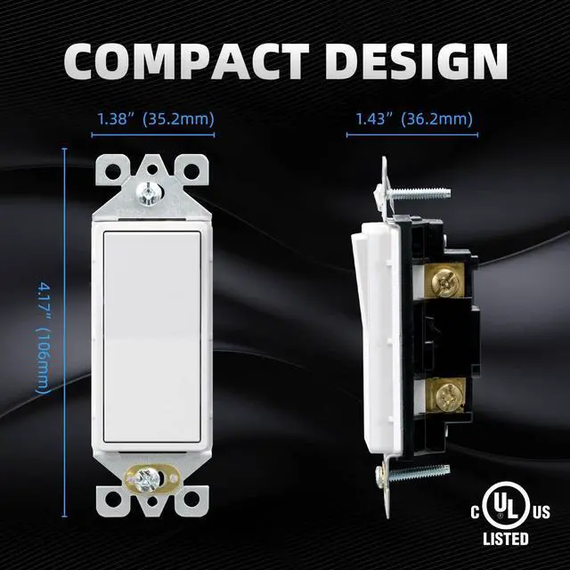 Alt view image 5 of 6 - Matte White Single Pole Decorator Light Switch, 15Amp, 120-277V, Decorative Paddle Rocker Switch Replacement, On/Off Wall Switch, Self-Grounding, Residential/Commercial Grade, UL/CUL (5 Pack)