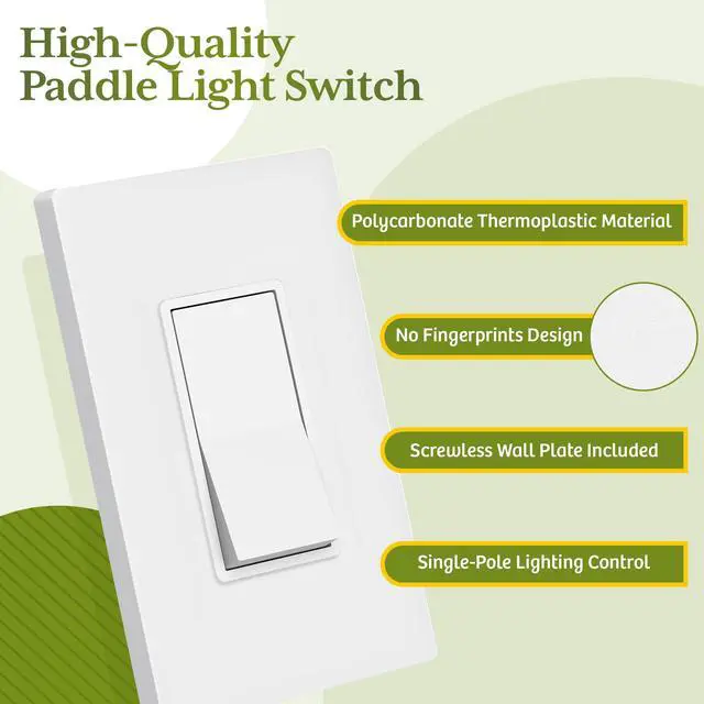 Alt view image 3 of 7 - Matte White Single Pole Decorator Paddle Light Switch, 15A, 10 Pack