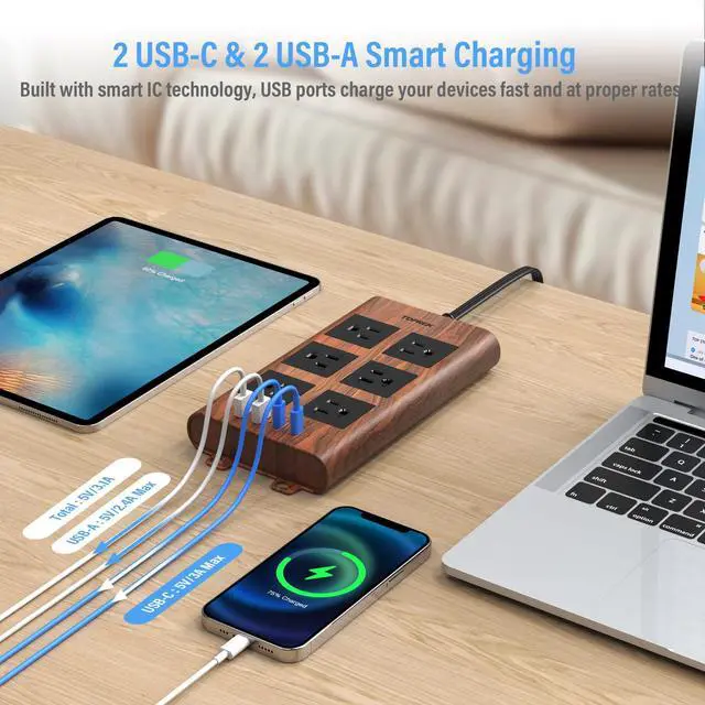 Alt view image 3 of 7 - Surge Protector Power Strip (2100J), 6 Widely-Spaced Outlets with 2 USB-C & 2 USB-A, 6.5 FT Extension Cord with Ultra-Thin Flat Plug, Wood Finish Power Strip with USB for Home, Office
