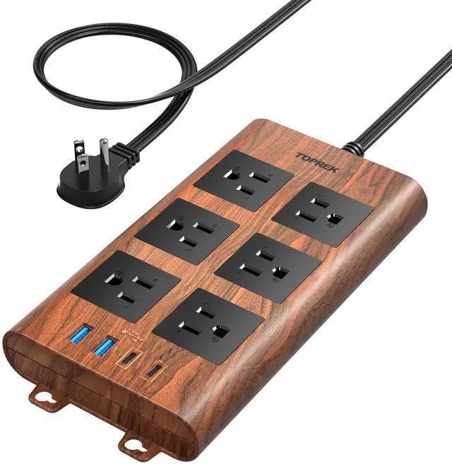 Main image of Surge Protector Power Strip (2100J), 6 Widely-Spaced Outlets with 2 USB-C & 2 USB-A, 6.5 FT Extension Cord with Ultra-Thin Flat Plug, Wood Finish Power Strip with USB for Home, Office