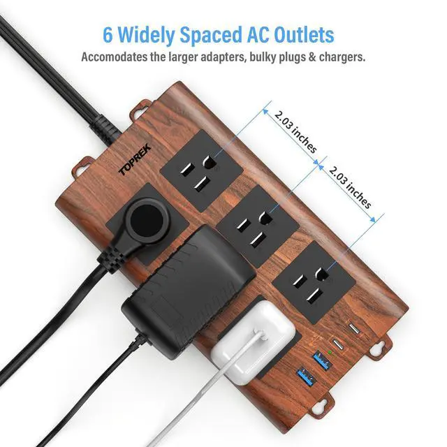 Alt view image 4 of 7 - Surge Protector Power Strip (2100J), 6 Widely-Spaced Outlets with 2 USB-C & 2 USB-A, 6.5 FT Extension Cord with Ultra-Thin Flat Plug, Wood Finish Power Strip with USB for Home, Office