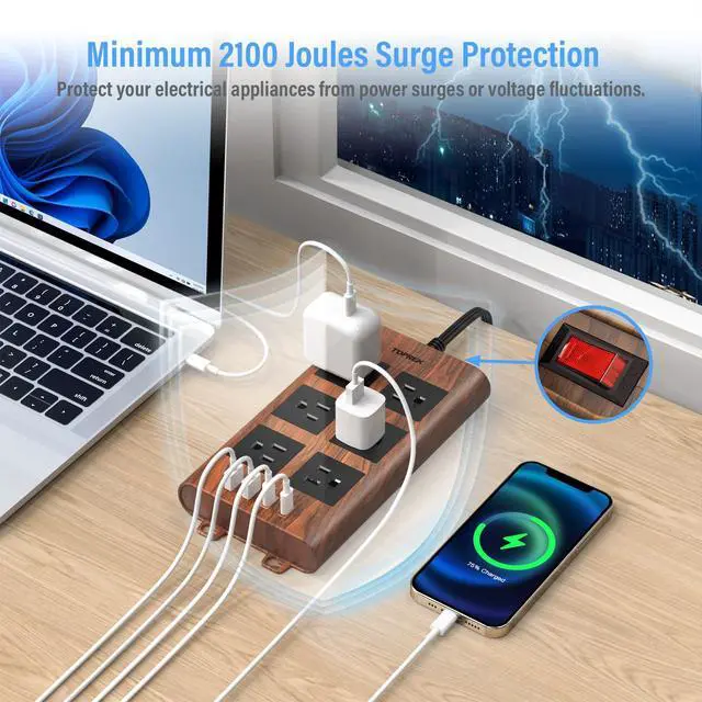 Alt view image 5 of 7 - Surge Protector Power Strip (2100J), 6 Widely-Spaced Outlets with 2 USB-C & 2 USB-A, 6.5 FT Extension Cord with Ultra-Thin Flat Plug, Wood Finish Power Strip with USB for Home, Office