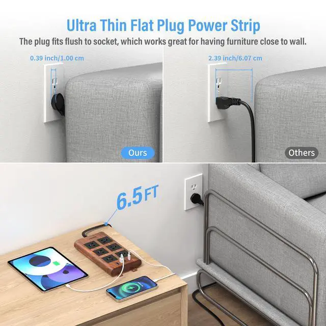 Alt view image 6 of 7 - Surge Protector Power Strip (2100J), 6 Widely-Spaced Outlets with 2 USB-C & 2 USB-A, 6.5 FT Extension Cord with Ultra-Thin Flat Plug, Wood Finish Power Strip with USB for Home, Office