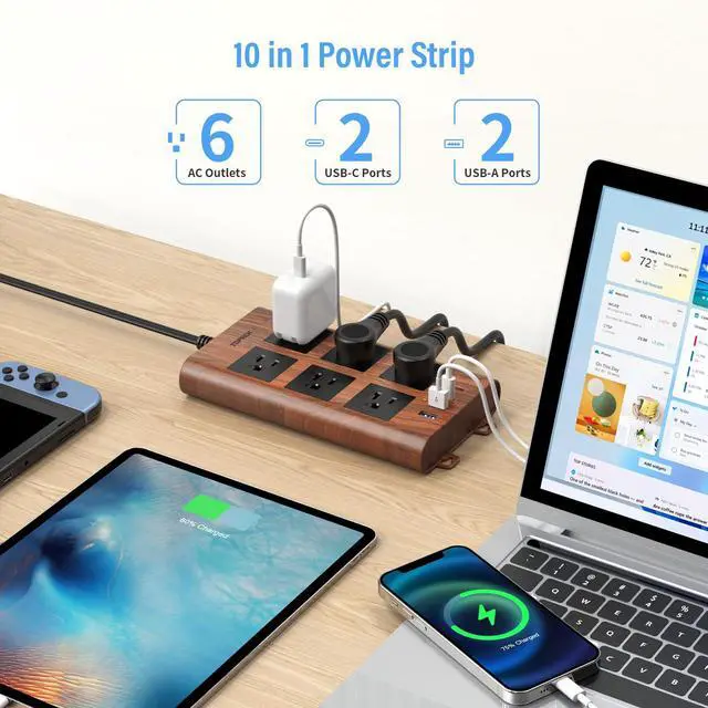 Alt view image 2 of 7 - Surge Protector Power Strip (2100J), 6 Widely-Spaced Outlets with 2 USB-C & 2 USB-A, 6.5 FT Extension Cord with Ultra-Thin Flat Plug, Wood Finish Power Strip with USB for Home, Office