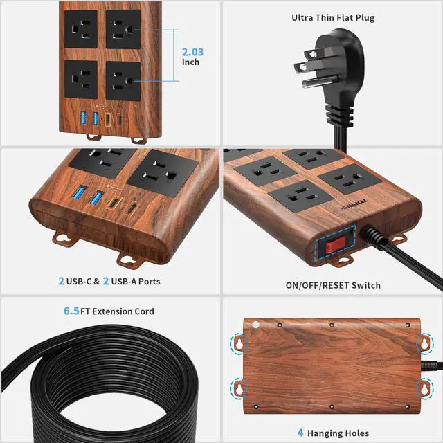 Alt view image 7 of 7 - Surge Protector Power Strip (2100J), 6 Widely-Spaced Outlets with 2 USB-C & 2 USB-A, 6.5 FT Extension Cord with Ultra-Thin Flat Plug, Wood Finish Power Strip with USB for Home, Office