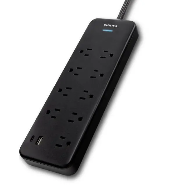 Alt view image 3 of 6 - Surge Protector Power Strip with USB Ports, 2400 Joules, Flat Plug | 6 Ft Braided Extension Cord with Multiple Outlets, 9 Outlet Extender (Wide Spaced), 1 USB-A, 1 USB-C, Black, SPP3983B/37