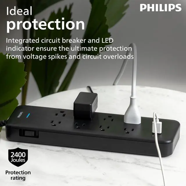 Alt view image 4 of 6 - Surge Protector Power Strip with USB Ports, 2400 Joules, Flat Plug | 6 Ft Braided Extension Cord with Multiple Outlets, 9 Outlet Extender (Wide Spaced), 1 USB-A, 1 USB-C, Black, SPP3983B/37
