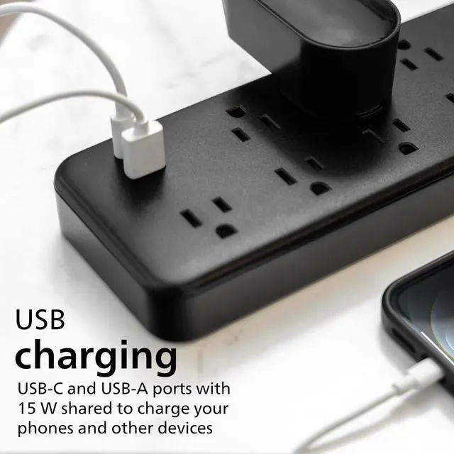 Alt view image 5 of 6 - Surge Protector Power Strip with USB Ports, 2400 Joules, Flat Plug | 6 Ft Braided Extension Cord with Multiple Outlets, 9 Outlet Extender (Wide Spaced), 1 USB-A, 1 USB-C, Black, SPP3983B/37
