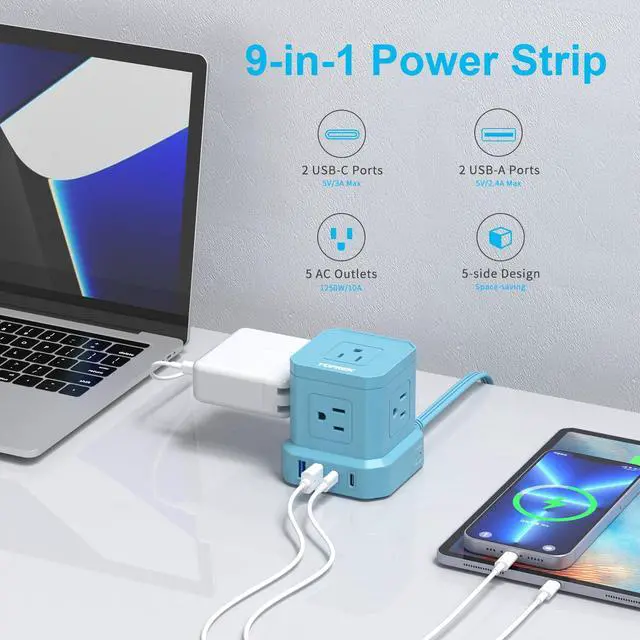 Alt view image 2 of 7 - Surge Protector Power Strip, 10 FT Flat Extension Cord with 5 Outlets, 2 USB-C & 2 USB-A, Power Strip with USB for Living Room, Nightstand, Office, Travel, Desk Charging Station, 700J