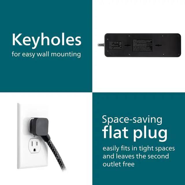 Alt view image 6 of 6 - Surge Protector Power Strip with USB Ports, 2400 Joules, Flat Plug | 6 Ft Braided Extension Cord with Multiple Outlets, 9 Outlet Extender (Wide Spaced), 1 USB-A, 1 USB-C, Black, SPP3983B/37