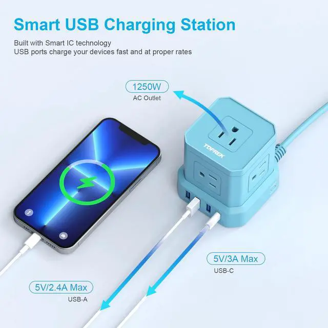 Alt view image 3 of 7 - Surge Protector Power Strip, 10 FT Flat Extension Cord with 5 Outlets, 2 USB-C & 2 USB-A, Power Strip with USB for Living Room, Nightstand, Office, Travel, Desk Charging Station, 700J