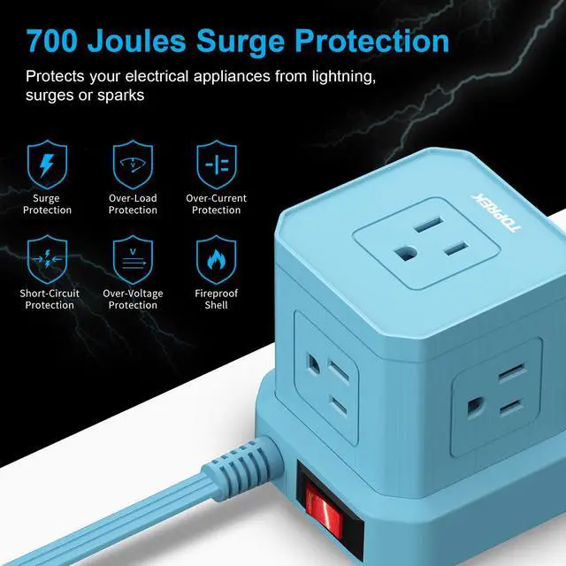 Alt view image 4 of 7 - Surge Protector Power Strip, 10 FT Flat Extension Cord with 5 Outlets, 2 USB-C & 2 USB-A, Power Strip with USB for Living Room, Nightstand, Office, Travel, Desk Charging Station, 700J