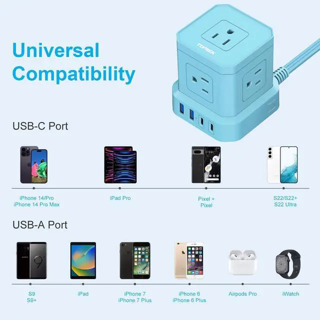 Alt view image 6 of 7 - Surge Protector Power Strip, 10 FT Flat Extension Cord with 5 Outlets, 2 USB-C & 2 USB-A, Power Strip with USB for Living Room, Nightstand, Office, Travel, Desk Charging Station, 700J