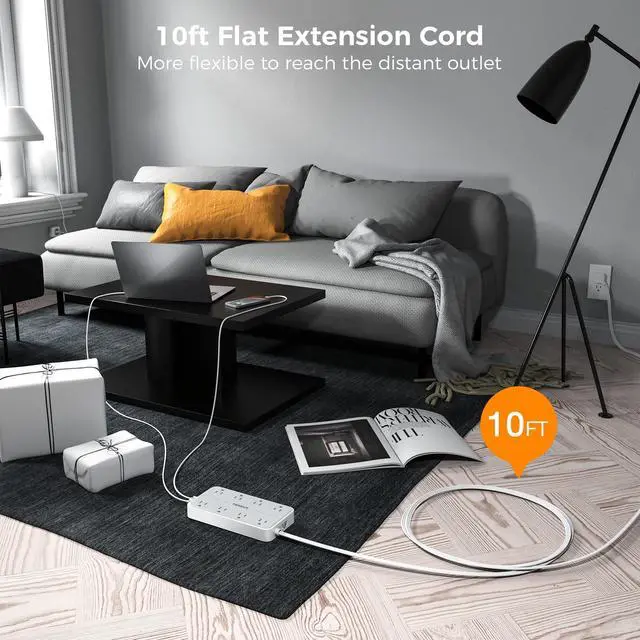 Alt view image 2 of 7 - Power Strip Surge Protector, 10FT Flat Plug Extension Cord