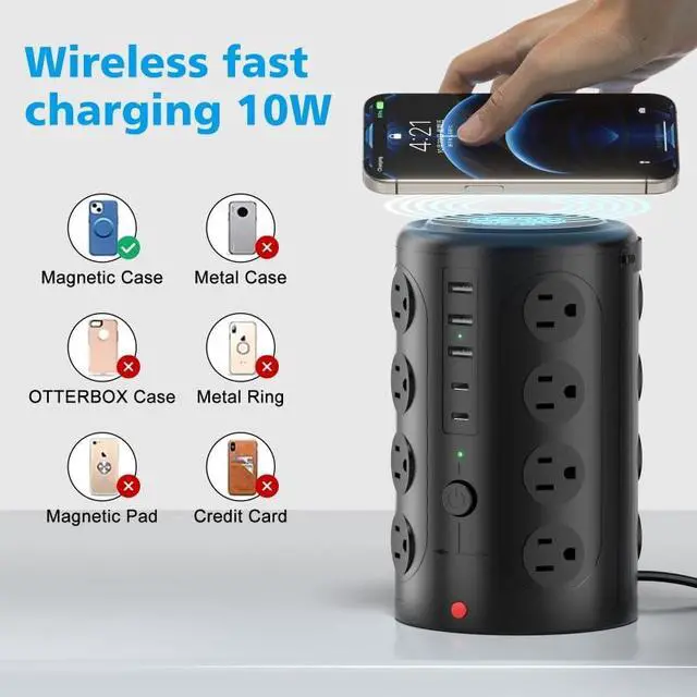 Alt view image 5 of 6 - Surge Protector Power Strip,Desk Charging Station with 15W Wireless Charger, Multiple Outlets Charging Station with 16 AC Outlets & 5 USB (2 USB C) Port, for Home, Office, Dorm Room10FT