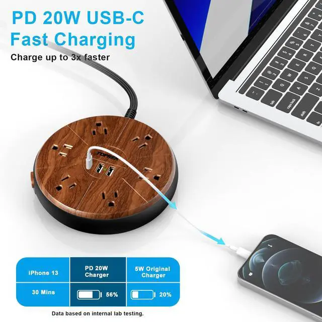 Alt view image 3 of 7 - Power Strip with USB - 6 Outlets, 1 USB-C (20W PD), 2 USB-A - Wood Finish Power Strip Surge Protector, 6.5 ft Flat Extension Cord for Home Office, Dorm Desk