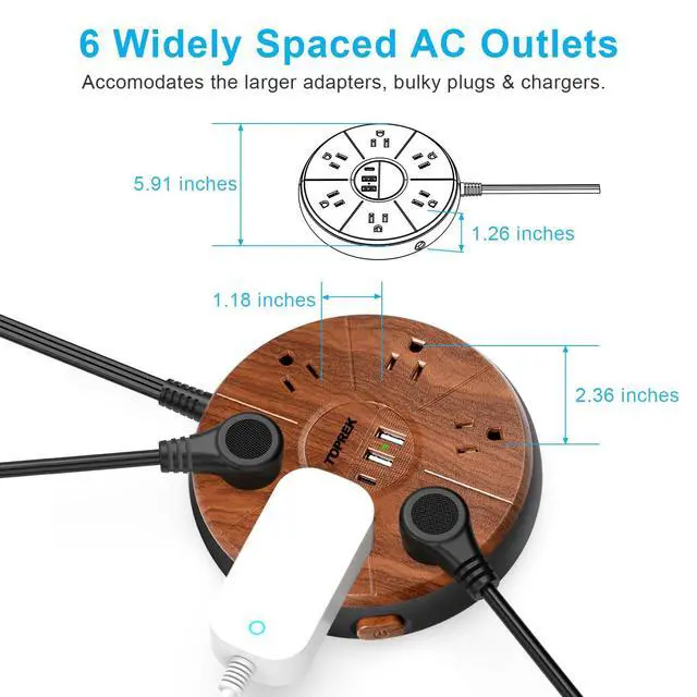 Alt view image 4 of 7 - Power Strip with USB - 6 Outlets, 1 USB-C (20W PD), 2 USB-A - Wood Finish Power Strip Surge Protector, 6.5 ft Flat Extension Cord for Home Office, Dorm Desk