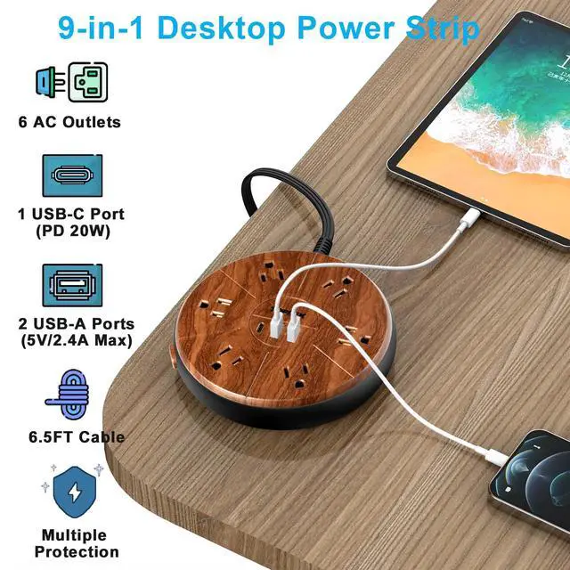 Alt view image 2 of 7 - Power Strip with USB - 6 Outlets, 1 USB-C (20W PD), 2 USB-A - Wood Finish Power Strip Surge Protector, 6.5 ft Flat Extension Cord for Home Office, Dorm Desk