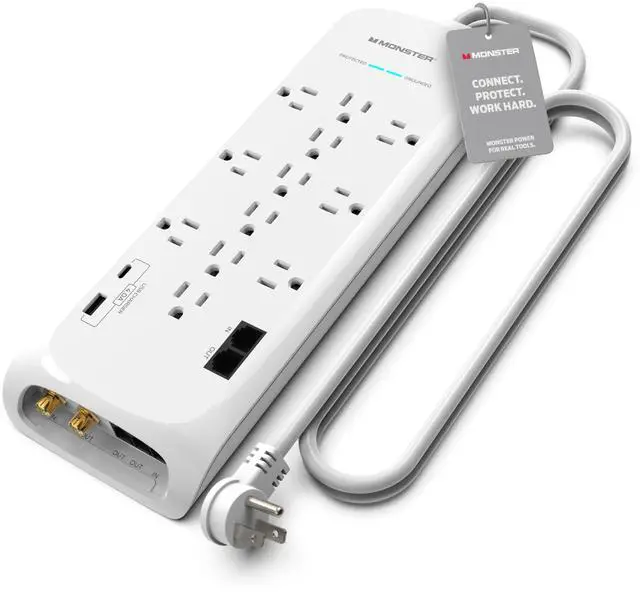Main image of Power Surge Protector w/ 4050 Joule Rating Heavy Duty 6 FT Surge Protector Power Strip w/ 12 Outlets, 2 USB, 2 Coax, 2 Ethernet Ports Fireproof MOV, Dual Mode, Clean Tech (White)