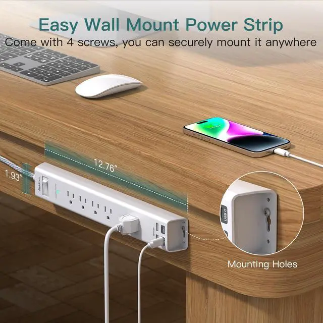 Alt view image 4 of 7 - 2 Pack Surge Protector Power Strip -6ft Extension Cord, 5 Outlets 4 USB
