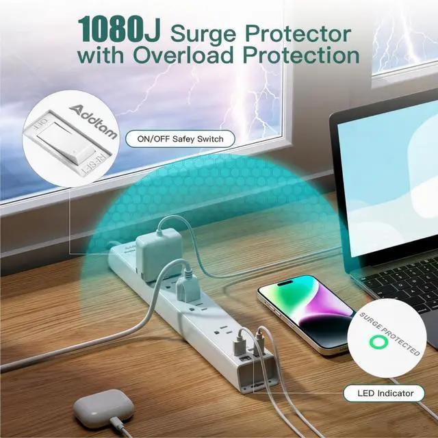 Alt view image 6 of 7 - 2 Pack Surge Protector Power Strip -6ft Extension Cord, 5 Outlets 4 USB