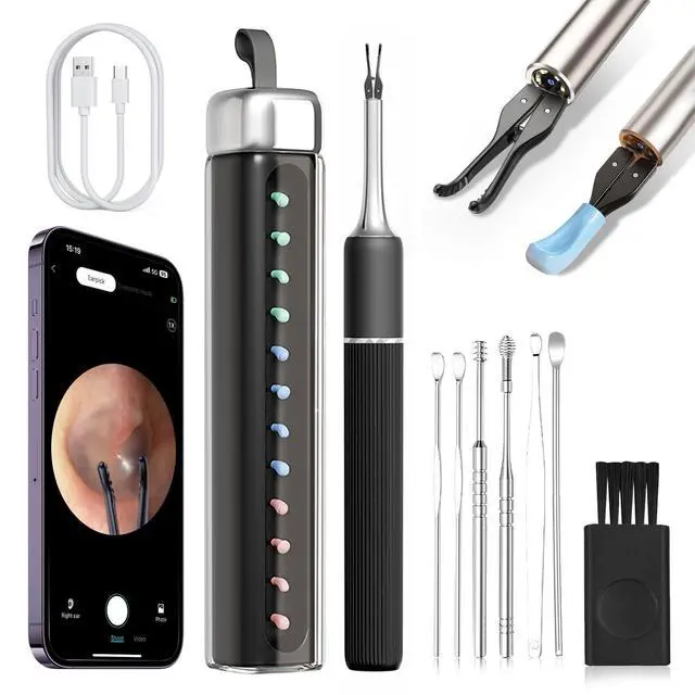Main image of Ear Wax Removal Tool S5 with 10 MP Camera Otoscope, Omnidirectional Tweezer, Crodless Earwax Remover Tool with 12 Ear Spoon, Wireless Ear Cleaner with Light for iOS & Android (Black)