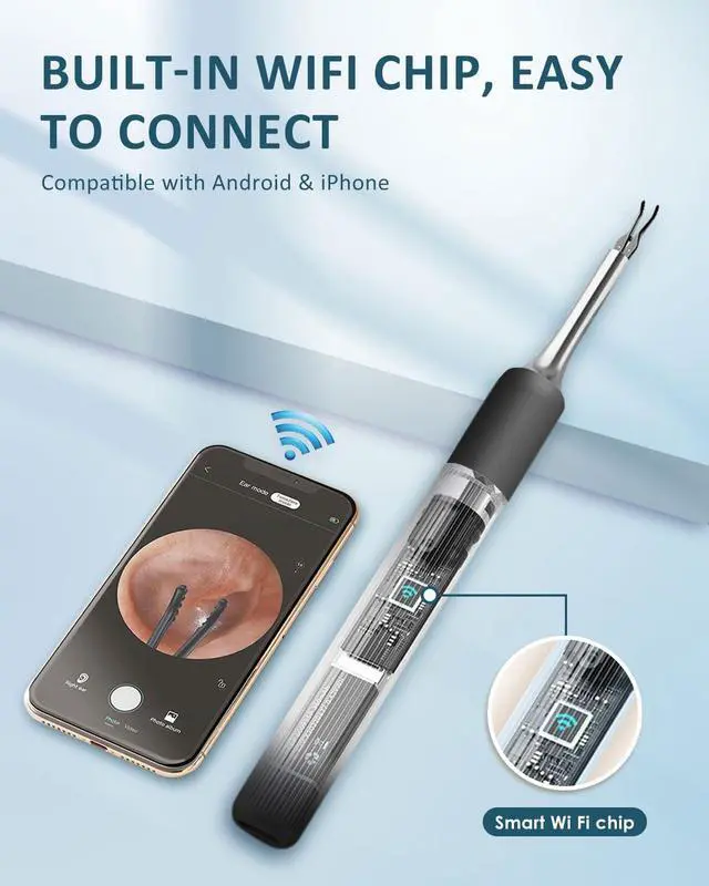 Alt view image 5 of 7 - Ear Wax Removal Tool S5 with 10 MP Camera Otoscope, Omnidirectional Tweezer, Crodless Earwax Remover Tool with 12 Ear Spoon, Wireless Ear Cleaner with Light for iOS & Android (Black)