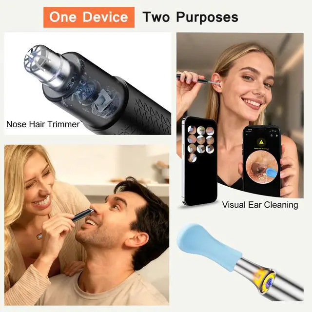 Alt view image 3 of 7 - 2-in-1 Visual Ear Wax Removal & Nose Hair Trimmer, 1296P HD Ear Cleaner with AI Eardrum Alert, Smart Anti-Pinch, 360° Rounded Blades, IP67 Waterproof, APP Visual Camera for Men, Women & Family Use