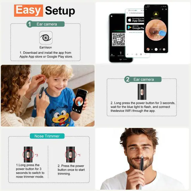 Alt view image 4 of 7 - 2-in-1 Visual Ear Wax Removal & Nose Hair Trimmer, 1296P HD Ear Cleaner with AI Eardrum Alert, Smart Anti-Pinch, 360° Rounded Blades, IP67 Waterproof, APP Visual Camera for Men, Women & Family Use