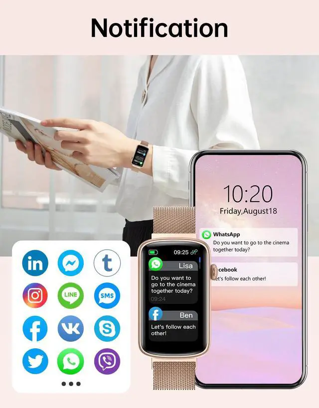 Alt view image 5 of 6 - Fitness Watch for Women with 2 Bands (Metal & Sport), Slim 1.47" Fitness Tracker with Heart Rate, Blood Oxygen & Sleep Monitor, Step & Calorie Counter, IP68 Waterproof Pedometer for Walking Running