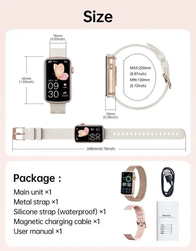 Alt view image 6 of 6 - Fitness Watch for Women with 2 Bands (Metal & Sport), Slim 1.47" Fitness Tracker with Heart Rate, Blood Oxygen & Sleep Monitor, Step & Calorie Counter, IP68 Waterproof Pedometer for Walking Running
