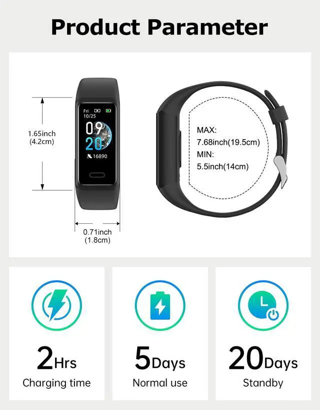Alt view image 7 of 7 - Fitness Tracker, Fitness Watches for Men Women with 24/7 Heart Rate Monitor Sleep Tracker Step/Calorie Counter Stopwatch Pedometer IP68 Waterproof (Dark Black)