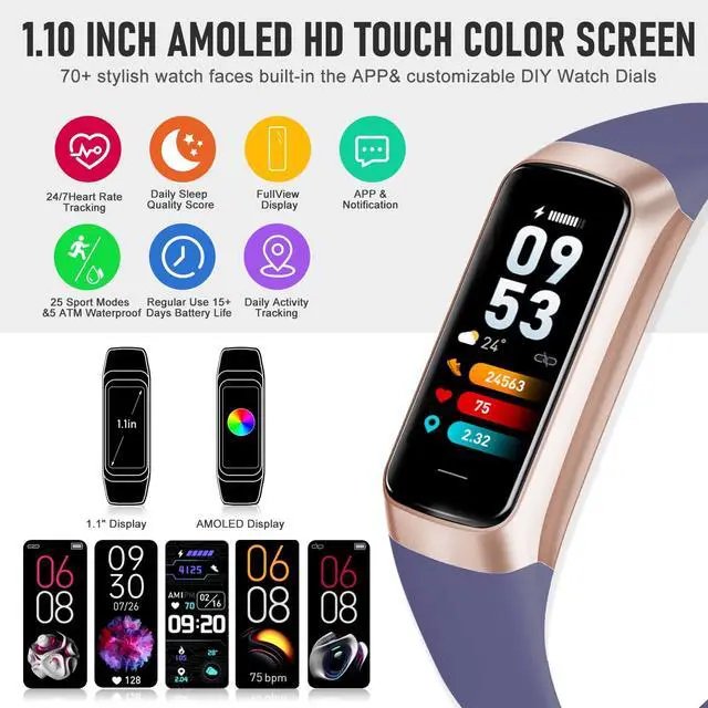 Alt view image 2 of 7 - Fitness Tracker with 24/7 Heart Rate Blood Oxygen Sleep Monitor, 1.10" AMOLED Touch Screen Step Trackers, IP68 Waterproof Steps Counter Pedometer for Women Men