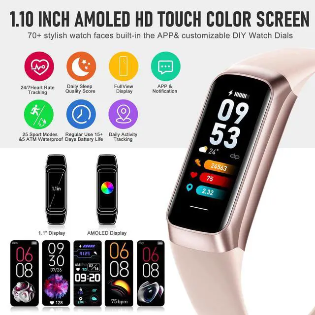 Alt view image 2 of 7 - Fitness Tracker with 24/7 Heart Rate Blood Pressure Blood Oxygen Sleep Monitor, 1.1" AMOLED Touch Screen Activity Trackers, Waterproof Step Counter Health Pedometer for Women