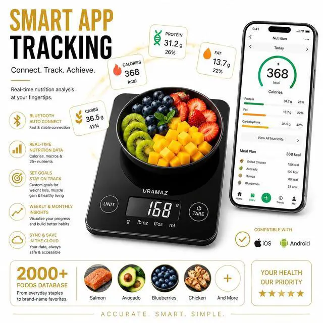 Alt view image 4 of 7 - Smart Food Scale with Nutritional Calculator, Digital Kitchen Scale with Bluetooth App for Weight Loss, Food Weight Scale for Diet, Keto, Macro, Calories Counting, Tracking, 11lb