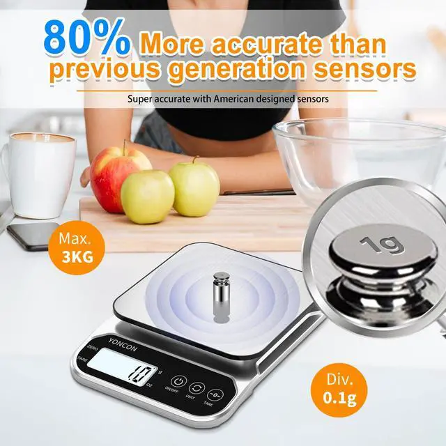 Alt view image 3 of 7 - Smart Food Scale Digital Weight Grams and Oz, 3kg/0.1g Kitchen Scale for Weight Loss, Cooking, Baking, Super Accurate, Easy to Clean and Store, Tare Function (Batteries Included)